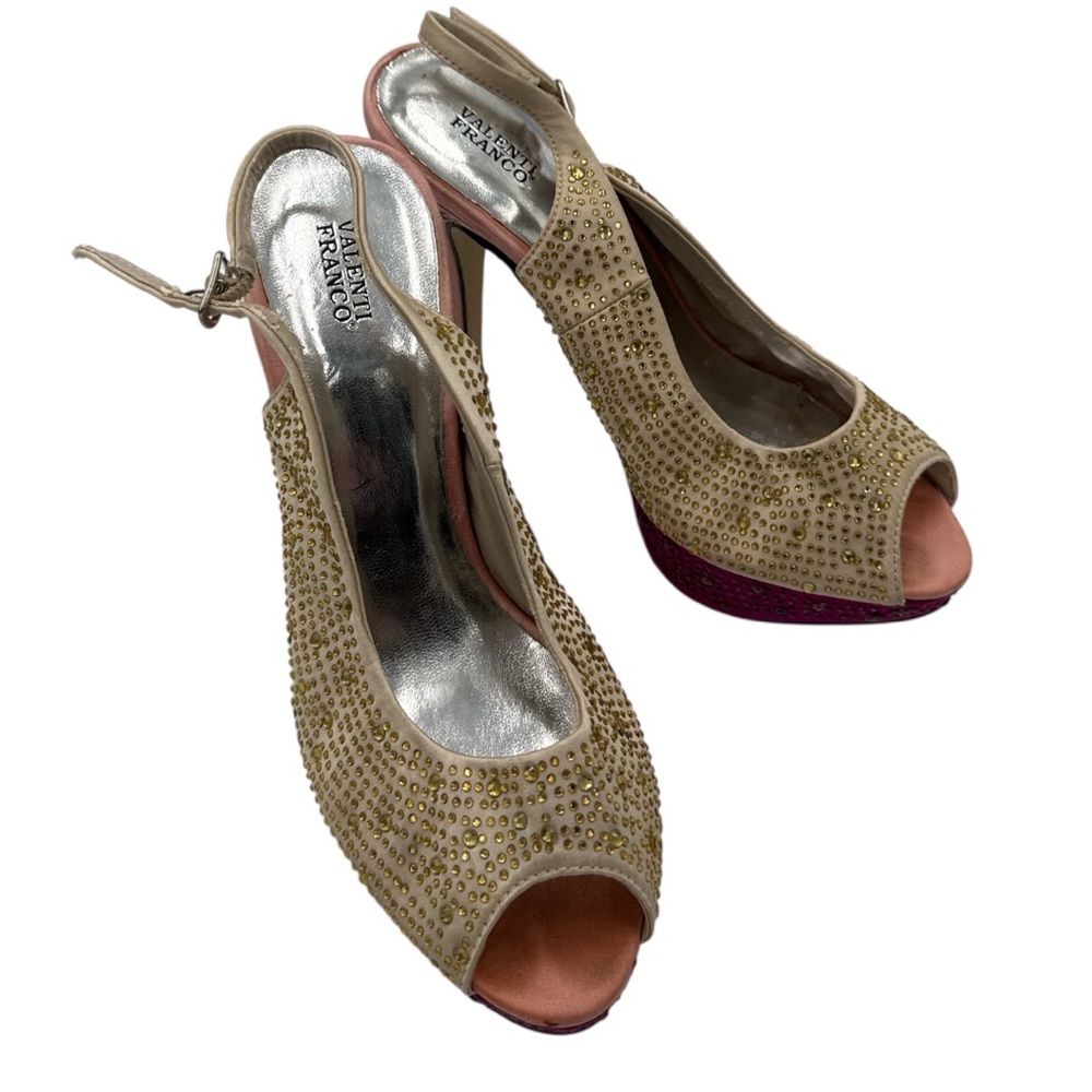 Valenti Franco Camilla-3 Gold Rhinestone Peep Toe Platform Heels Size 6